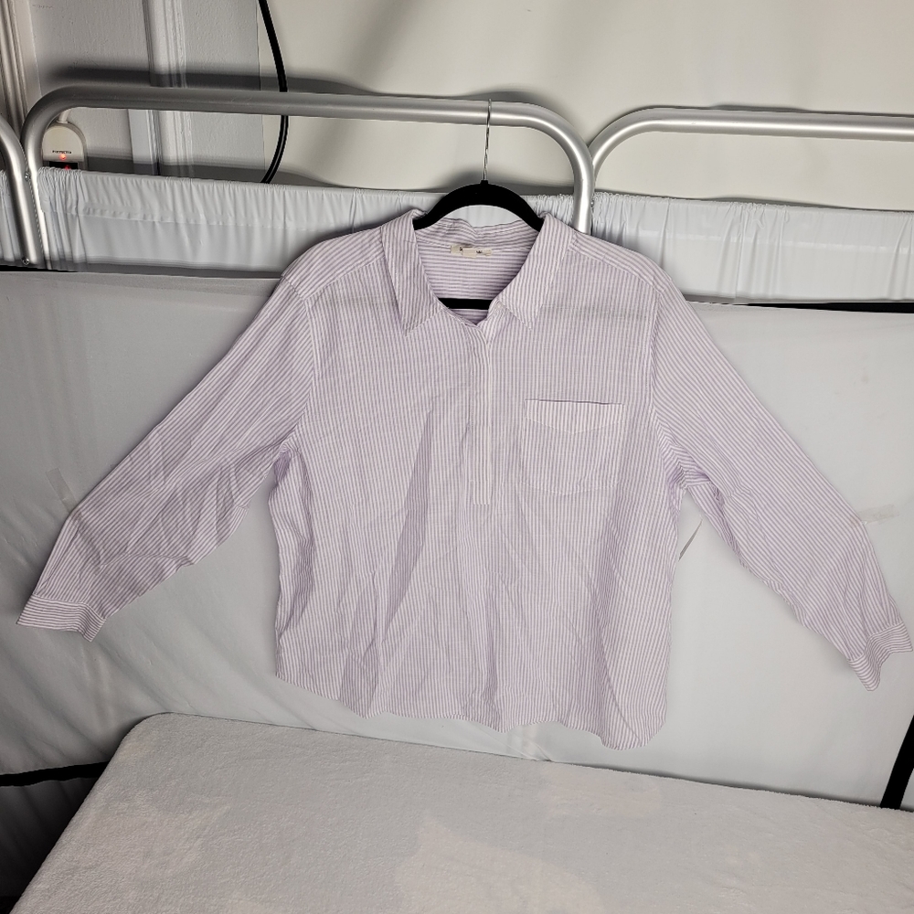 Goodthreads Women Washed Cotton Long Sleeve Popover Shirt Lilac Vertical Stripe